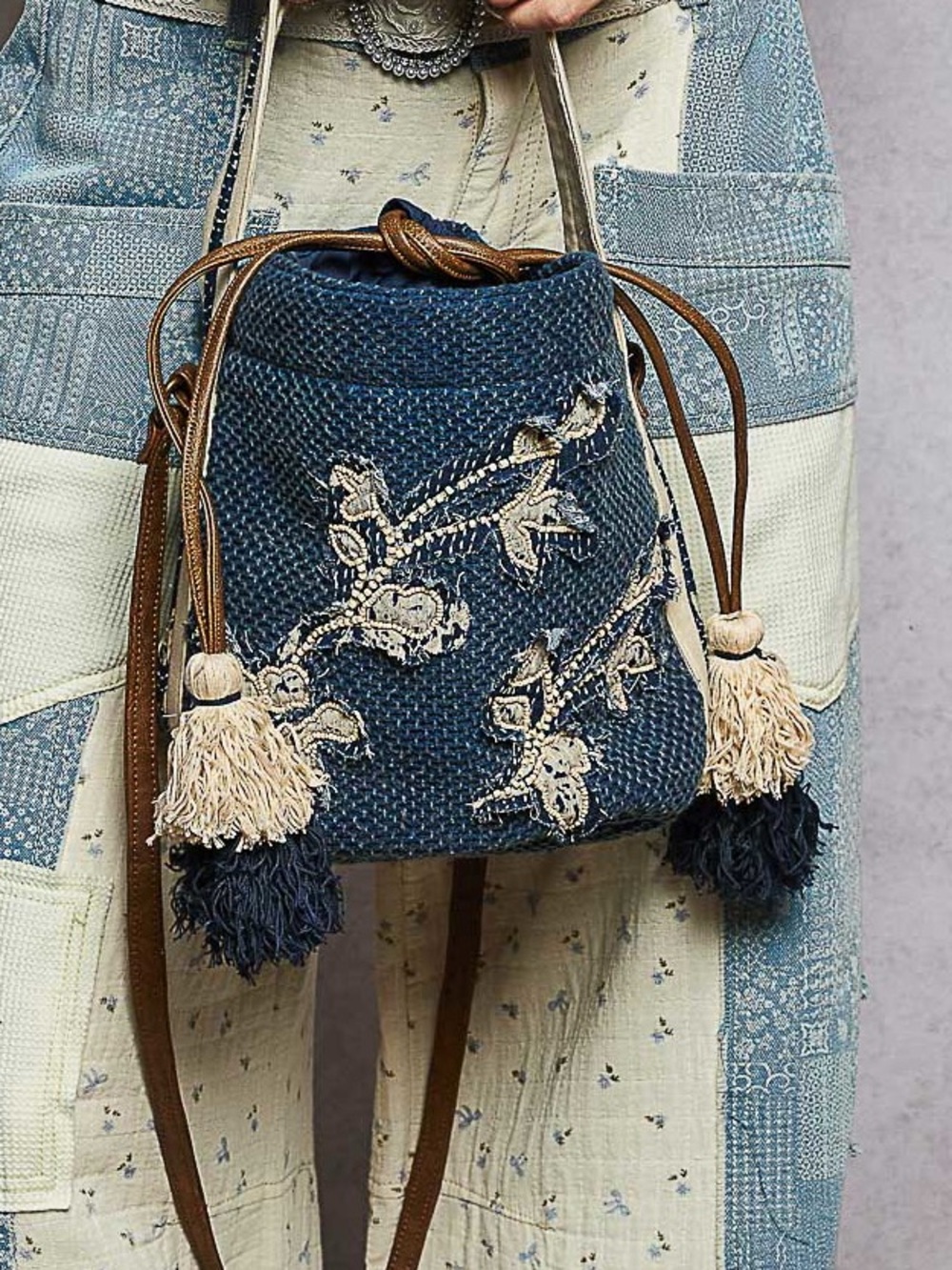Blue Embroidered Tassel Boho Woven Crossbody Bag